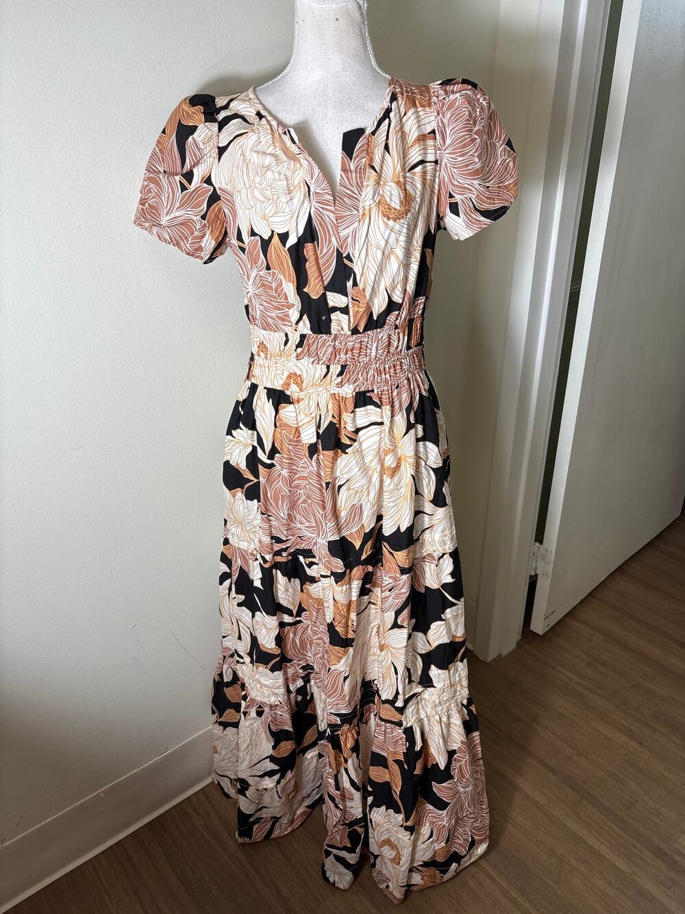 Cynthia Rowley Tan and Black Floral Maxi Dress Sz S